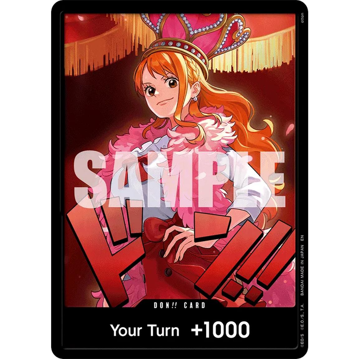 A Don!! Card game card featuring an anime-style illustration of a girl in a pink costume and crown, with a large translucent SAMPLE watermark across the center and text reading 'Your Turn +1000' on a black border. Sold at LFG Energy Club