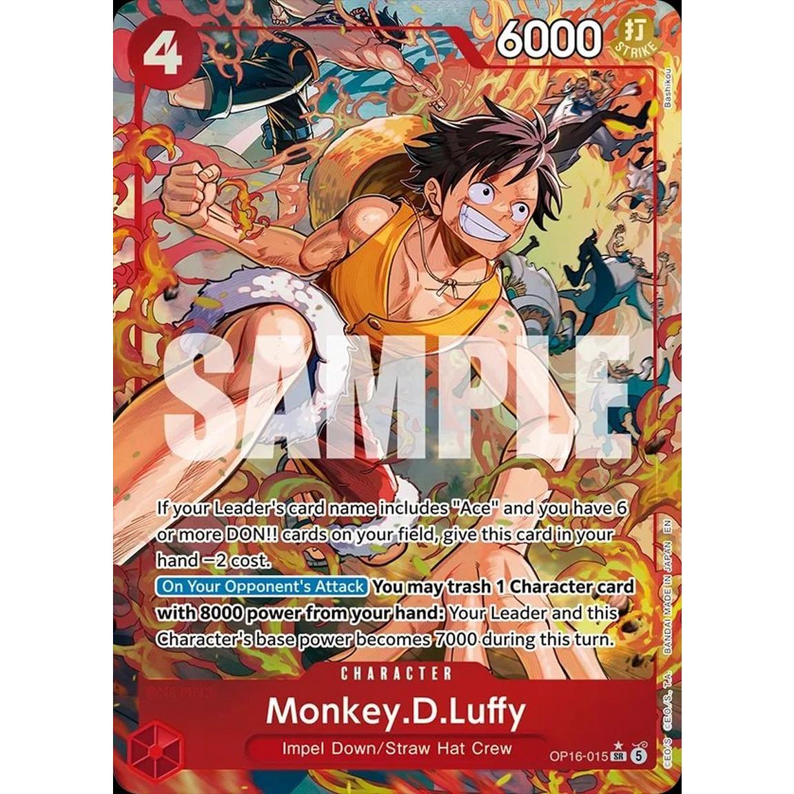 Monkey D. Luffy OP16-015 Super Rare sample card from One Piece The Time of Battle