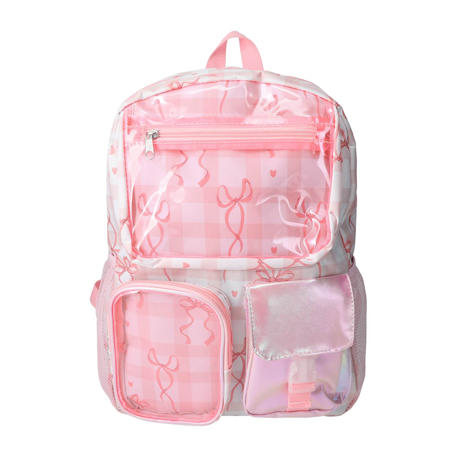 Front view of a pastel pink multi-pocket school backpack with clear compartments and zipper storage from LFG Energy Club.