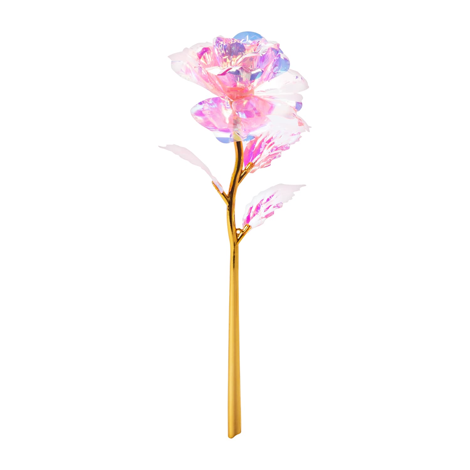 Iridescent Pink faux rose with holographic rainbow petals and gold stem, an eternal rose gift for Valentine’s Day, anniversaries, proposals, and aesthetic decor by LFG Energy Club