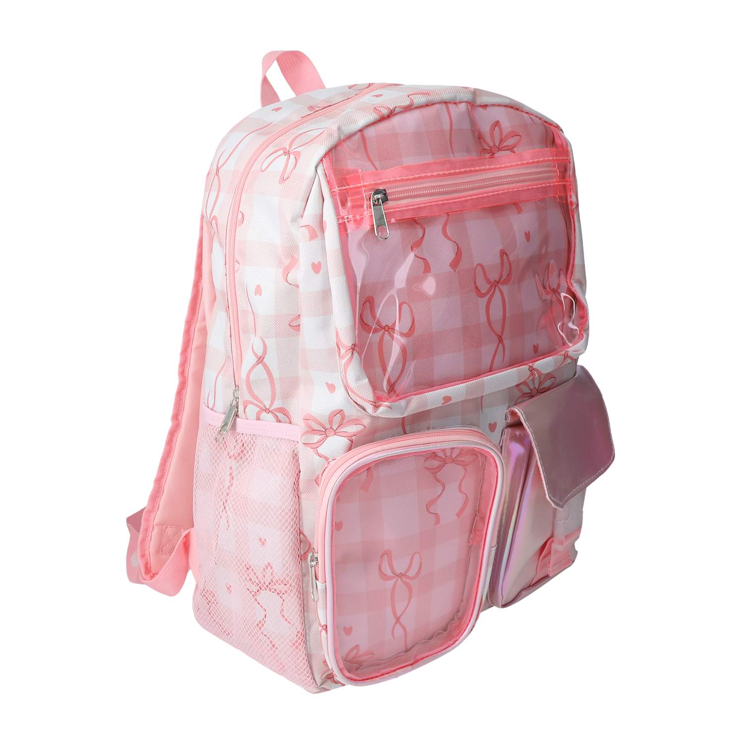 Angled side view of the pink multi-compartment backpack with front and side pockets for school and everyday use from LFG Energy Club.