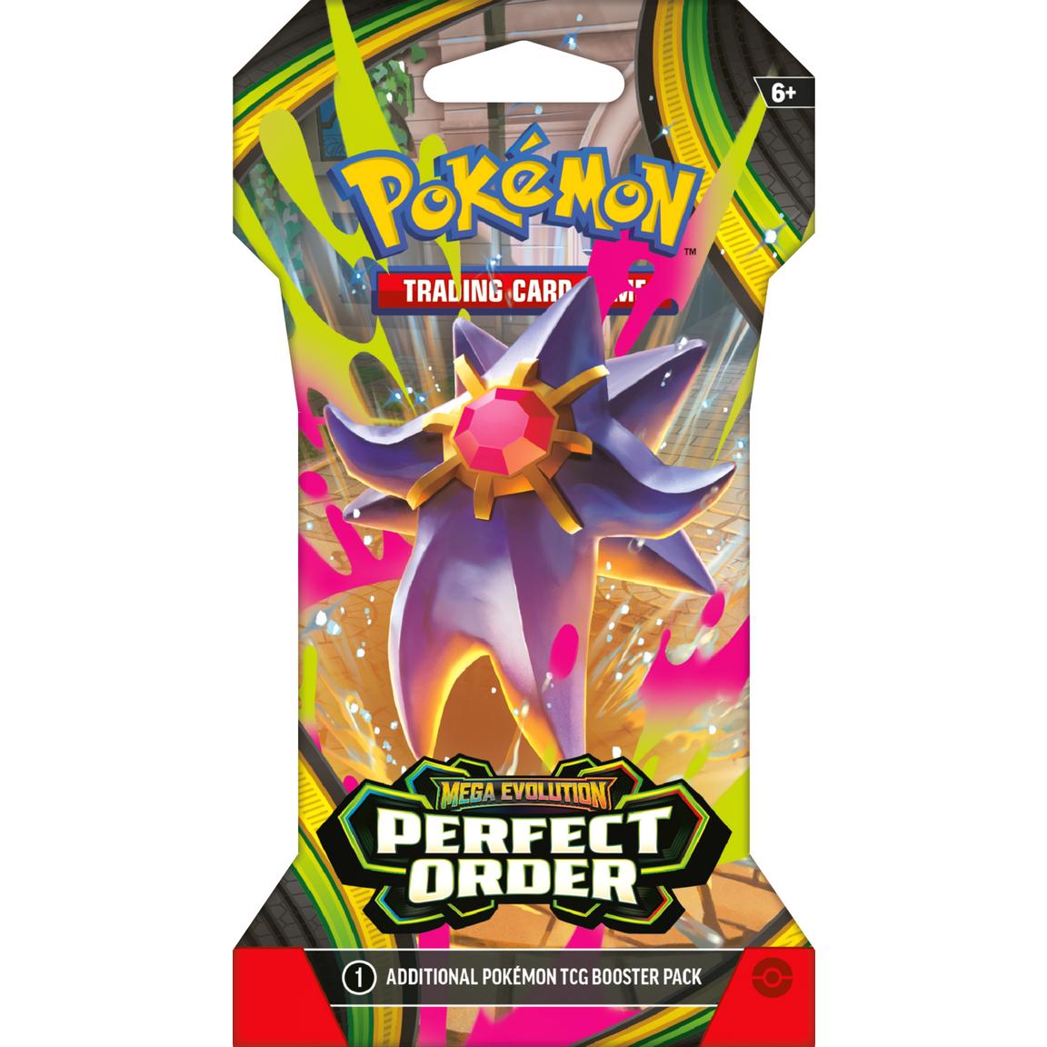 Pokémon trading card game booster pack with colorful design and character illustration. Pokémon TCG Mega Evolution Perfect Order Mega Starmie Sleeved Booster Pack sold by LFG Energy Club