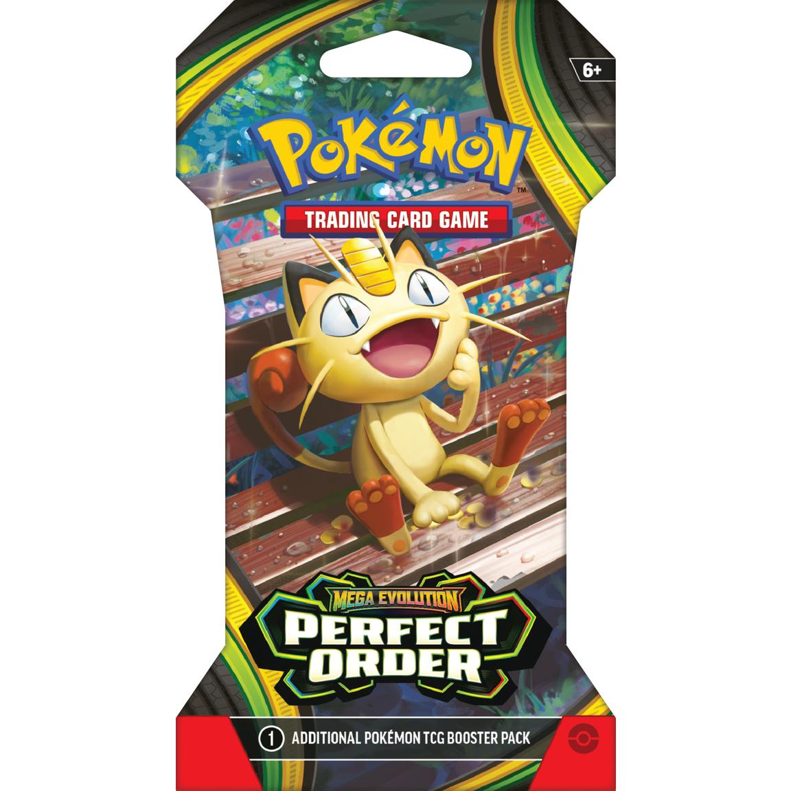 Pokémon TCG Mega Evolution: Perfect Order sleeved booster pack featuring Meowth and one sealed booster pack. Sold by LFG Energy Club