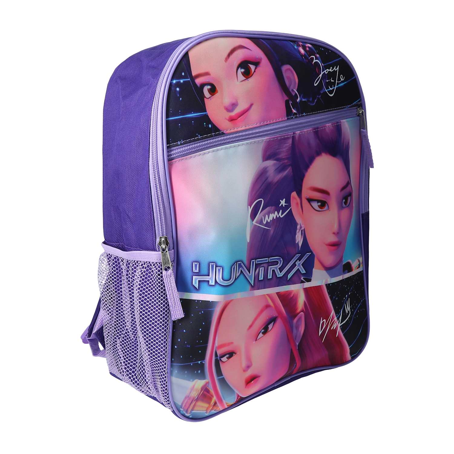 Angled view of the Netflix K-Pop Demon Hunters HUNTR/X purple backpack designed for school, travel and everyday use from LFG Energy Club.
