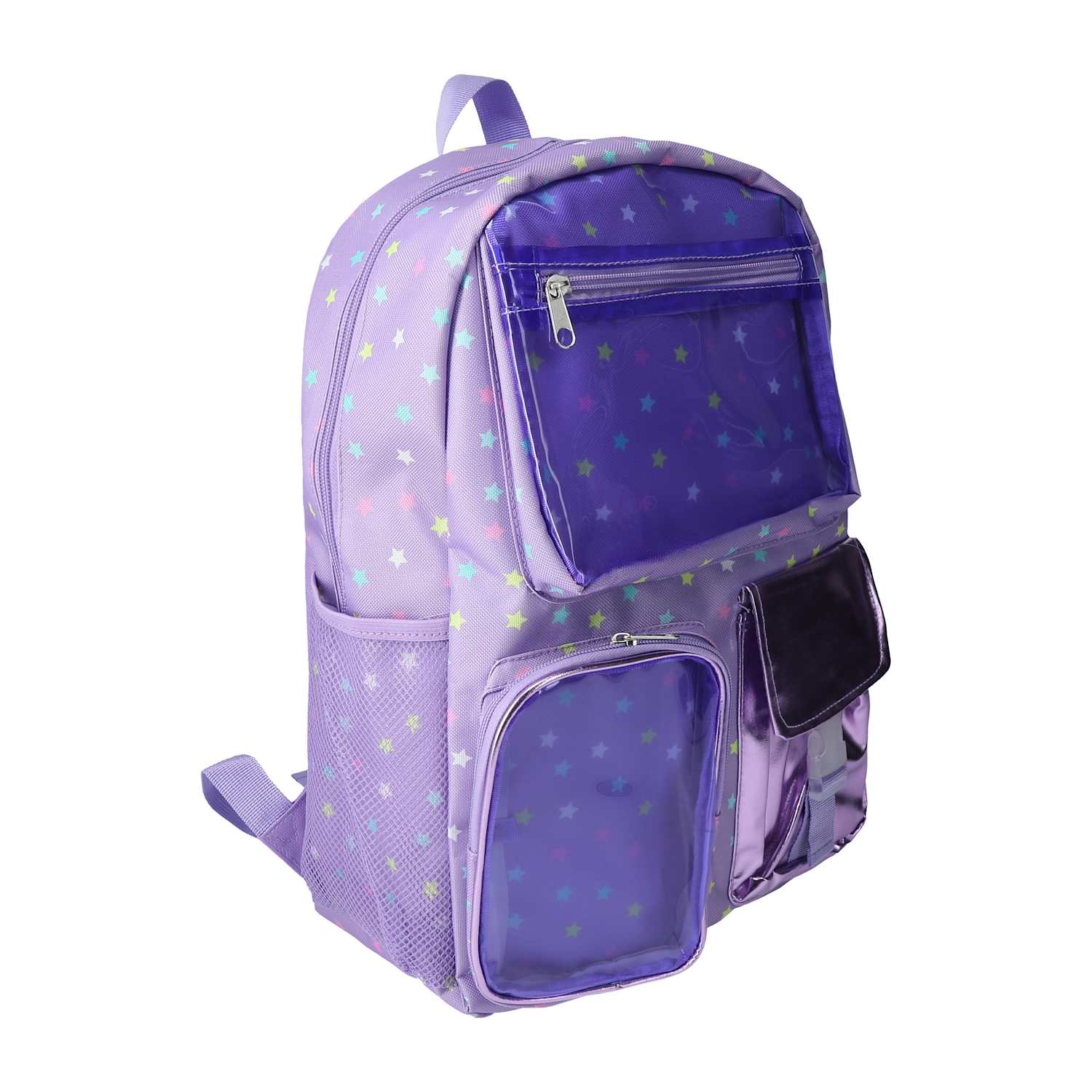 A purple backpack with a star pattern, featuring multiple zippered compartments and mesh pockets, shown on a plain white background from LFG Energy Club