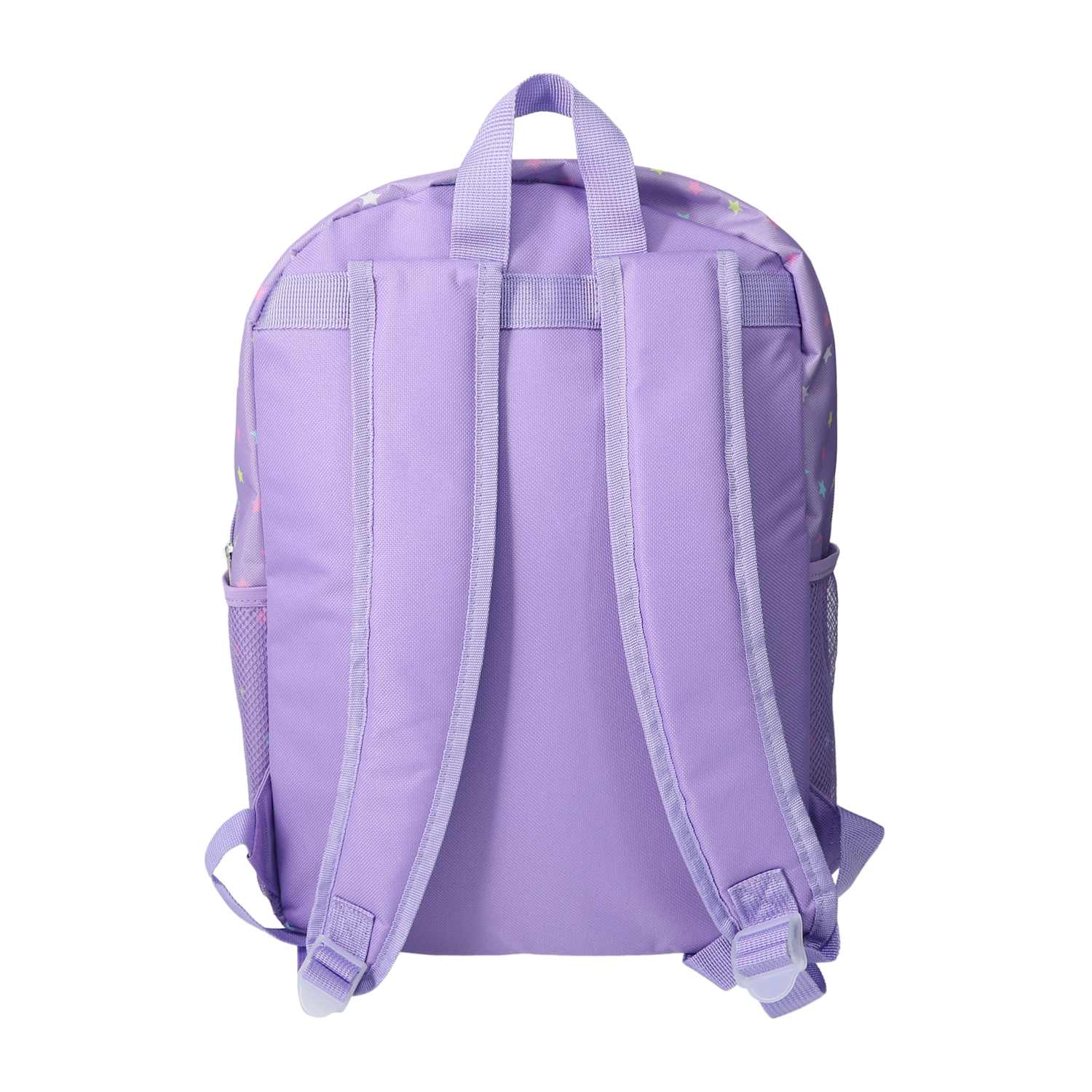 A light purple backpack shown from the back, featuring padded shoulder straps, side mesh pockets, and top carry handles on a plain white background from LFG Energy Club