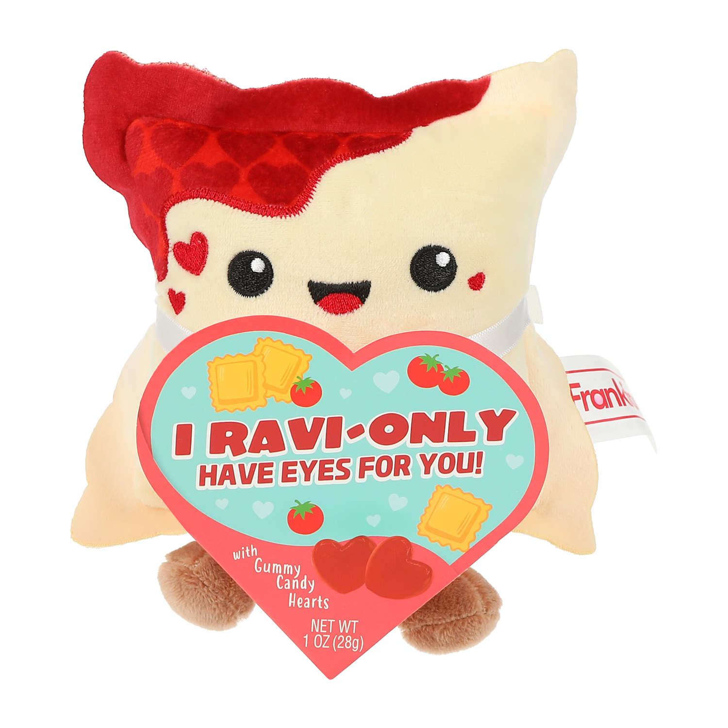Cute ravioli-shaped plush holding a Valentine heart message with gummy candy hearts, perfect as a Valentine’s Day novelty gift from LFG Energy Club