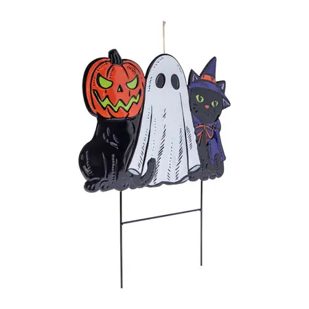 Full view of the Halloween metal yard stake featuring pumpkin, ghost and black cat designs with metal stakes below, available at LFG Energy Club.