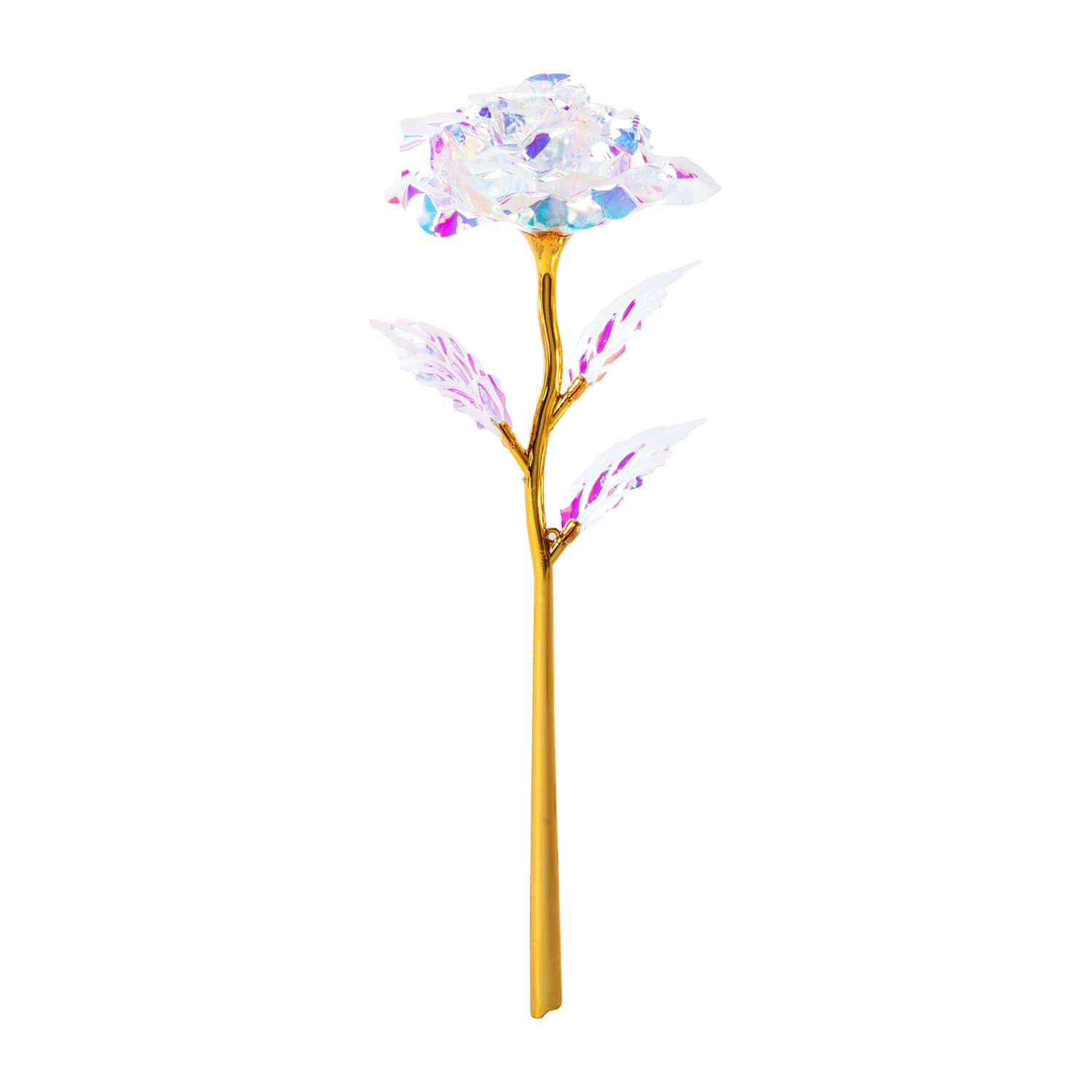 Elegant white faux rose with iridescent petals and gold stem, an eternal rose gift perfect for Valentine’s Day, weddings, anniversaries, and romantic decor by LFG Energy Club