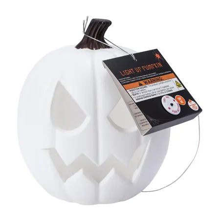 White Halloween LED pumpkin head decoration with carved-style facial features and product tag, available at LFG Energy Club.