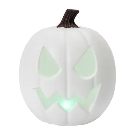 White LED pumpkin head shown illuminated with glowing facial details for Halloween decor, available at LFG Energy Club.