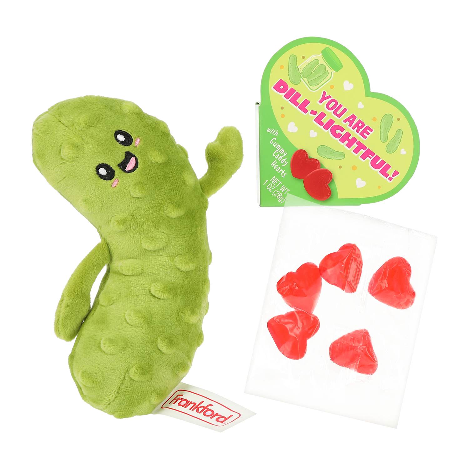 Green pickle plush toy holding a heart-shaped tag that says You Are Dill-Lightful, includes gummy candy hearts, perfect for Valentine’s Day and novelty gifts.