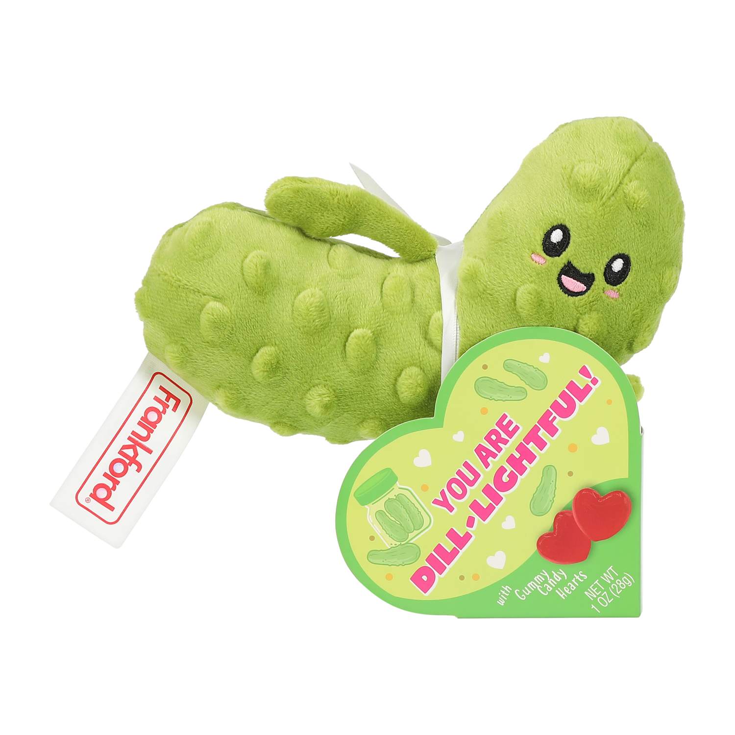 Plush pickle toy with a heart-shaped sign on a white background