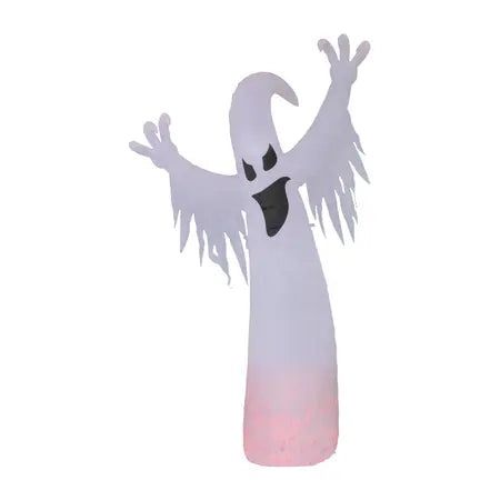 Large 10ft white Halloween ghost inflatable with raised arms, spooky black face and glowing red flickering lights sold by LFG Energy Club