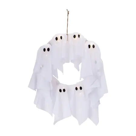 13-inch LED light up ghost wreath featuring multiple white ghost figures arranged around a circular Halloween wreath, available at LFG Energy Club.