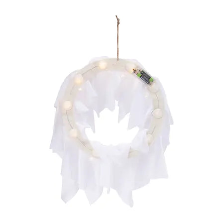 Back view of the 13-inch light up ghost Halloween wreath showing the rear of the circular decoration, available at LFG Energy Club.