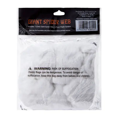 Back packaging view of the 2.1oz Giant Spider Web Halloween decoration, available at LFG Energy Club.