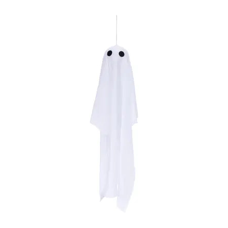 Front view of a white 2 ft hanging LED ghost decoration with two large black eyes and a flowing body sold by LFG Energy Club.