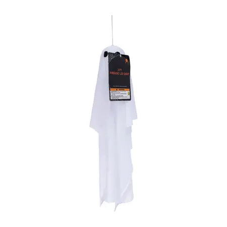 Rear-angle view of the 2 ft hanging LED ghost with its black-and-orange product tag attached sold by LFG Energy Club.