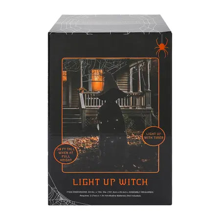 Front package view of the 63.5 in black light-up Halloween witch decoration sold by LFG Energy Club.
