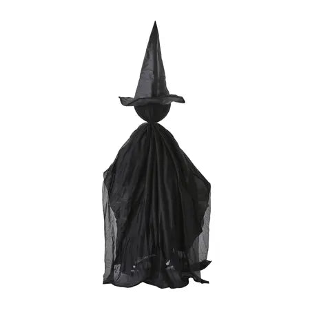 Full view of a black light-up Halloween witch decoration with a pointed hat and long draped body sold by LFG Energy Club.