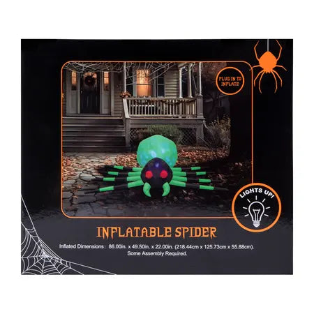 86-inch light up Halloween inflatable spider with a green and blue body, black-and-green legs and red eyes, available at LFG Energy Club.