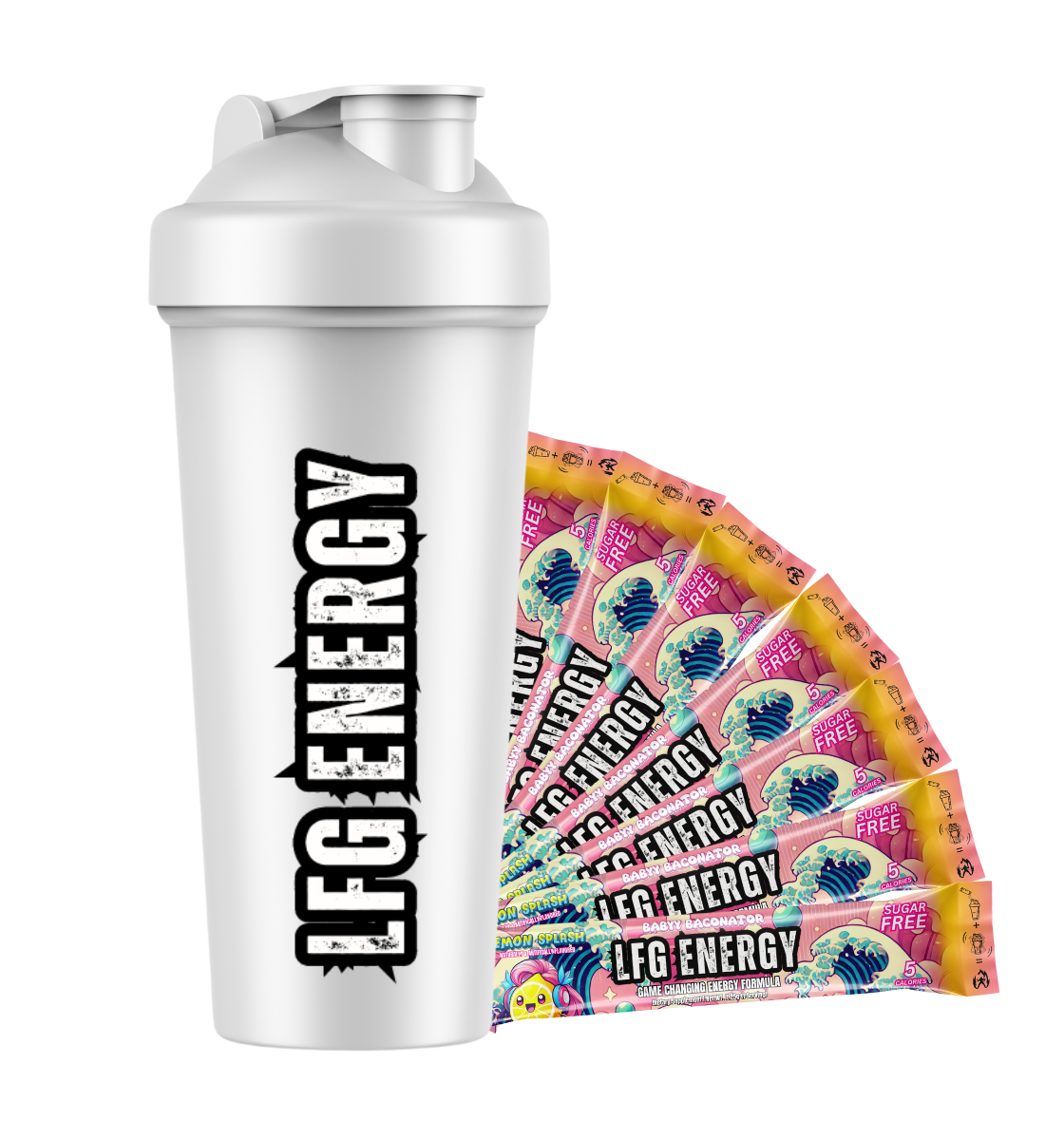 LFG Energy shaker bottle with vibrant LFG Energy stick packs featuring 'Lemon Splash' and 'Baby Baconator' flavors. The shaker bottle is white with the LFG Energy logo, and the stick packs are colorful, highlighting 'Sugar Free' benefits. Ideal for gamers seeking an energy boost, this image showcases the energetic and game-centric theme of LFG Energy products.