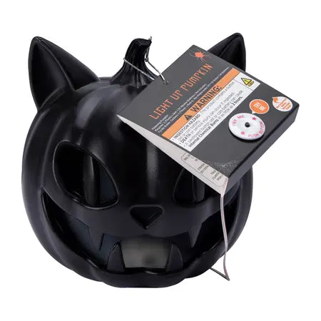 Black cat-style Halloween LED pumpkin head decoration with pointed ears and carved facial details, available at LFG Energy Club.