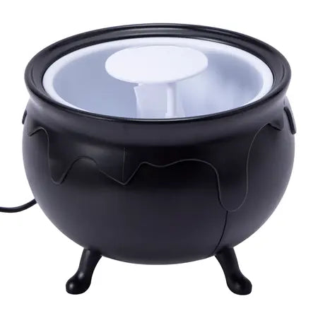 Black Halloween cauldron with lighting and mist maker feature for a glowing Halloween display, available at LFG Energy Club.
