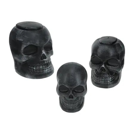 Three black skull decorations from the Stacked Skull 3-Pack shown separately, available at LFG Energy Club.