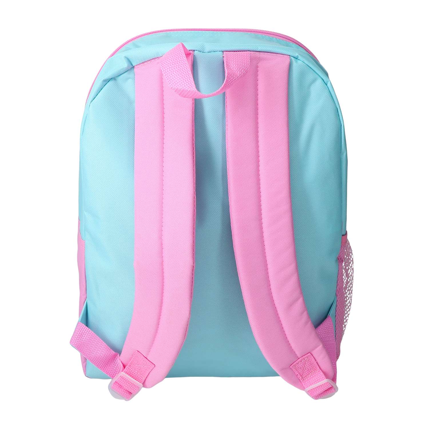 Back view of the Bluey kids school backpack showing adjustable pink shoulder straps and a blue padded back panel from LFG Energy Club.
