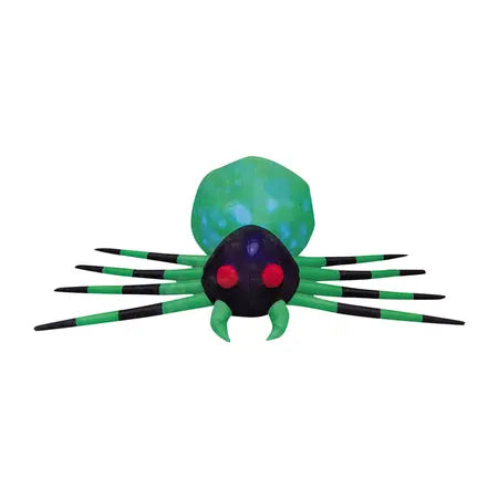 Colorful Halloween inflatable spider featuring green and blue details, striped legs and red eyes, available at LFG Energy Club.