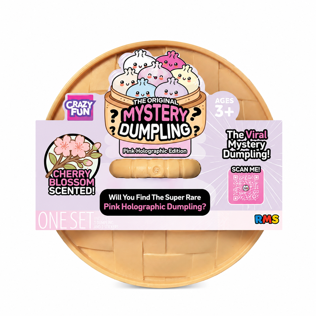 Crazy Fun RMS The Original Mystery Dumpling. A round plastic toy container labeled 'The Original Mystery Dumpling' with a holo pack window showing a pink dumpling, plus a front label that reads 'Cherry Blossom Scented' and 'Pink Holographic Edition.'.