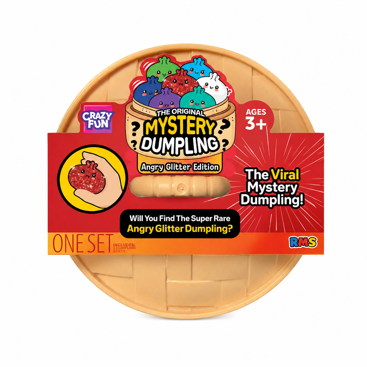 Crazy Fun The Original Mystery Dumpling Angry Glitter Edition, shown in its circular beige plastic container with a red front label, on a white background. Sold at LFG Energy Club