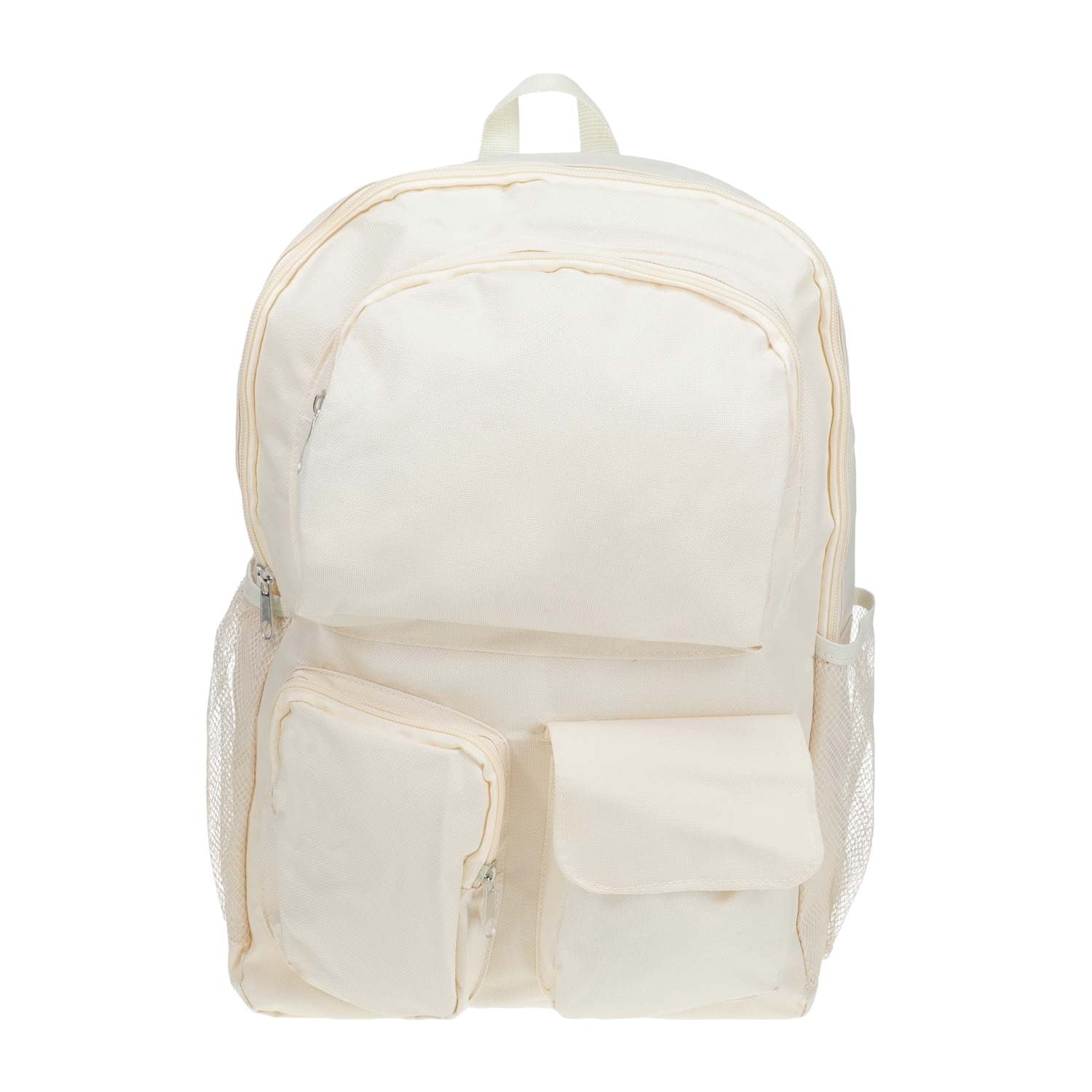 Front view of a cream multi-pocket school backpack with several zipper compartments for books and daily essentials from LFG Energy Club.