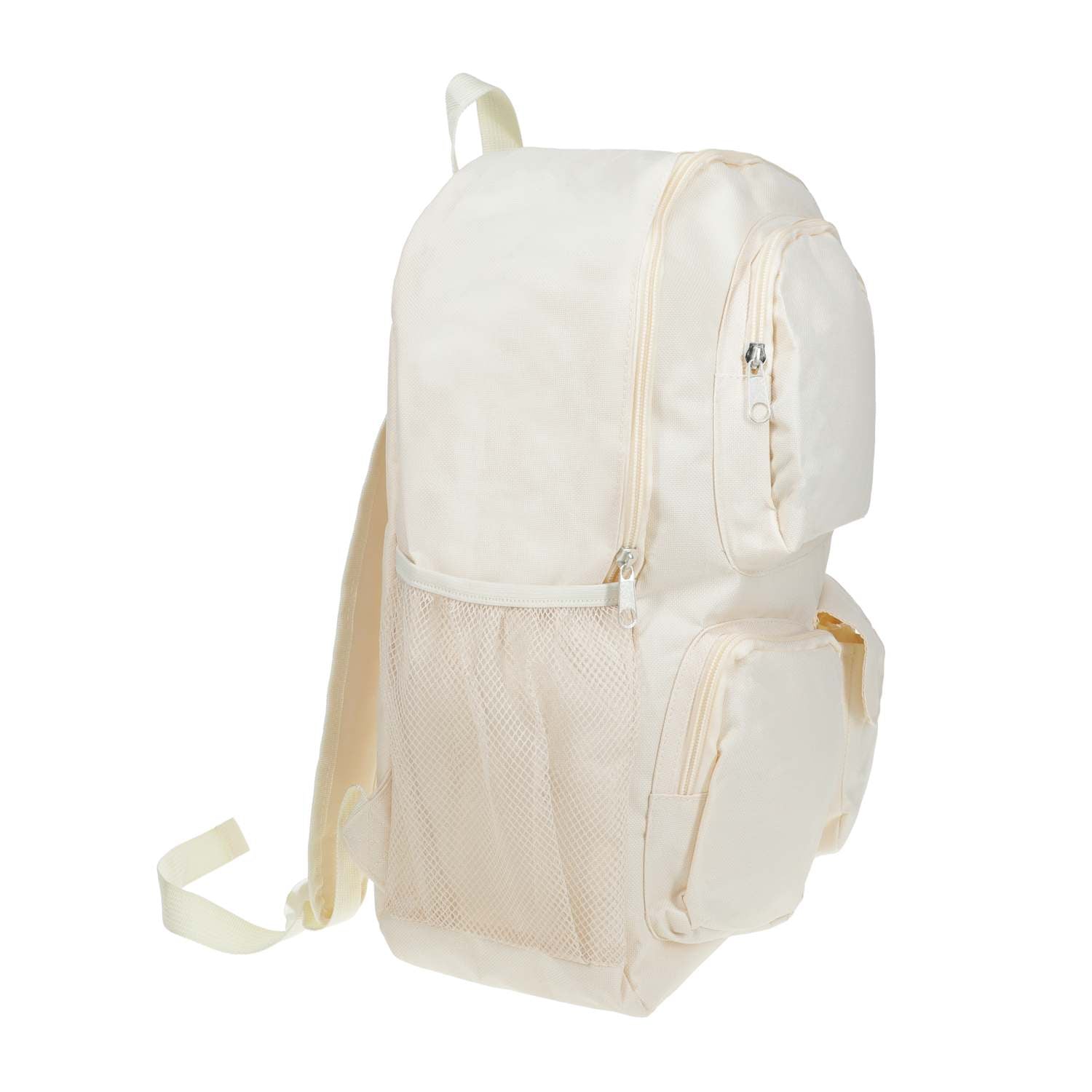 Angled side view of the cream multi-storage backpack with front and side pockets for school and travel from LFG Energy Club.