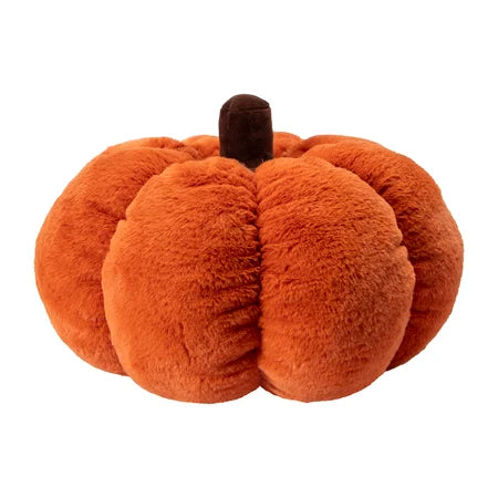 Front view of a giant orange Halloween pumpkin pillow with rounded sections and a brown stem sold by LFG Energy Club.