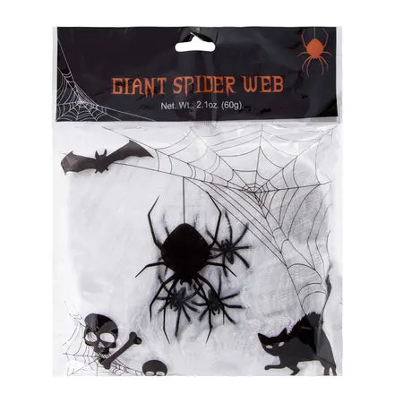 Front packaging of the 2.1oz Giant Stretchy Spider Web Halloween decoration with white webbing, available at LFG Energy Club.