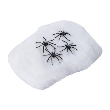 Giant white stretchy spider web Halloween decoration shown with black spider accents, available at LFG Energy Club.