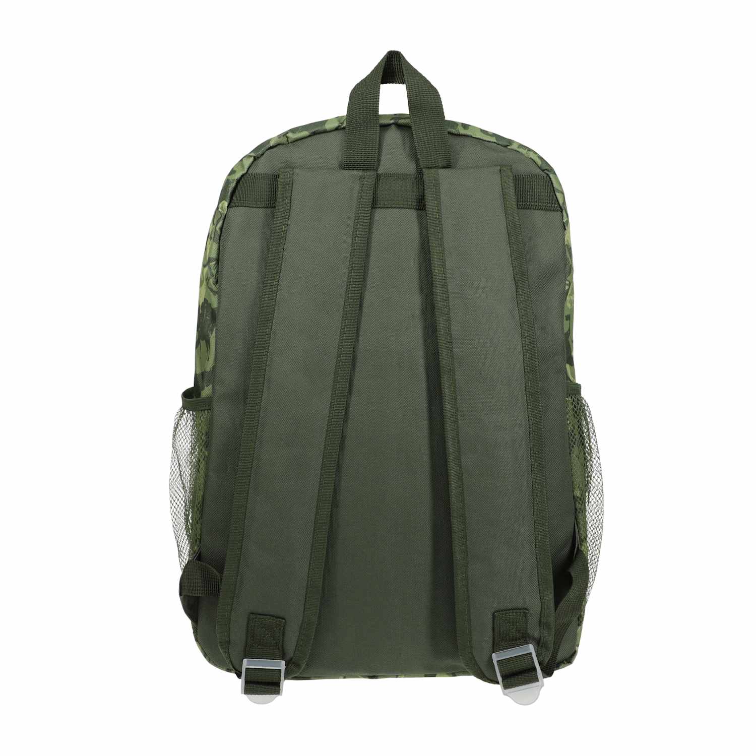 Back view of the green camouflage school backpack showing adjustable straps and rear construction from LFG Energy Club.