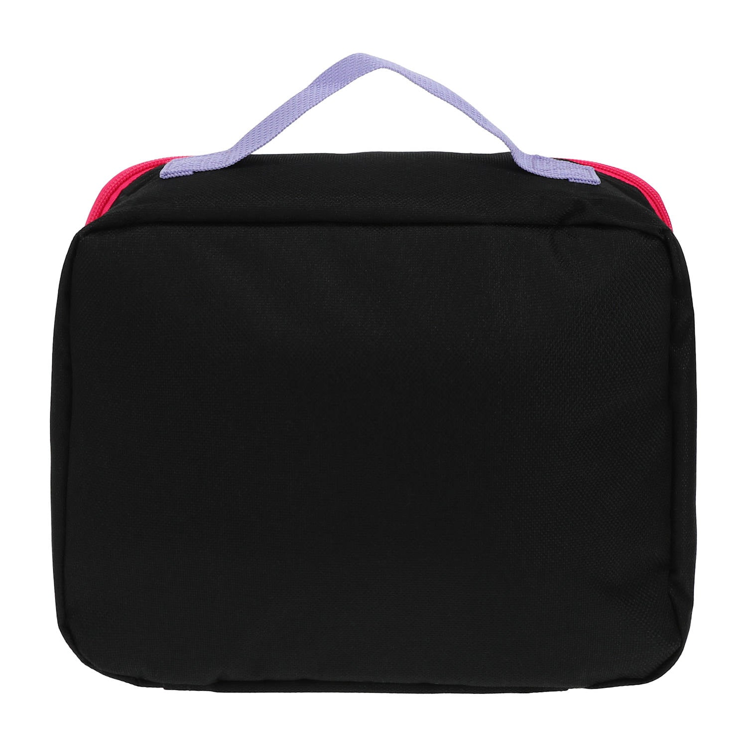 Back view of the HUNTR/X character lunch bag showing the black rear panel and convenient carrying handle from LFG Energy Club.
