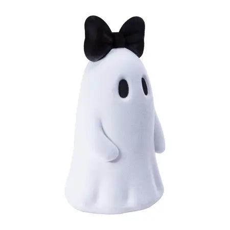 Angled view of the white flocked Halloween ghost showing its black eyes, curved arms and black bow sold by LFG Energy Club.
