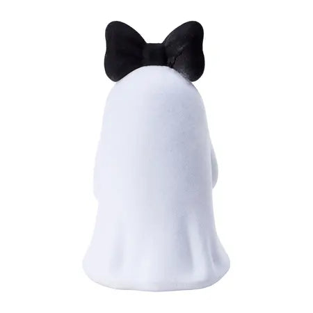 Back view of the white flocked ghost decoration showing its rounded shape and oversized black bow sold by LFG Energy Club.