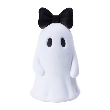 Front view of a white Halloween flocked ghost decoration with black oval eyes and an oversized black bow sold by LFG Energy Club.