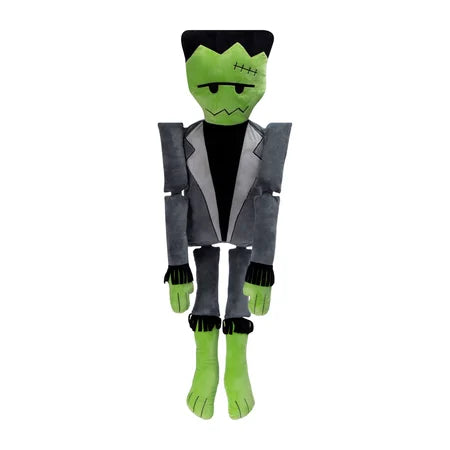 Front view of a Halloween Frankenstein pillow plush with a green face, black hair and a grey-and-black outfit sold by LFG Energy Club.
