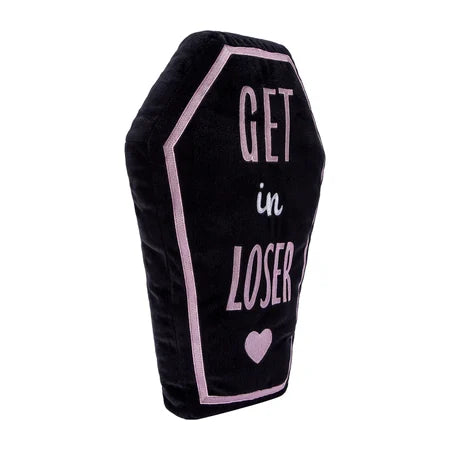 Angled view of the black-and-pink Halloween coffin pillow showing the front lettering, border and coffin-shaped form sold by LFG Energy Club.