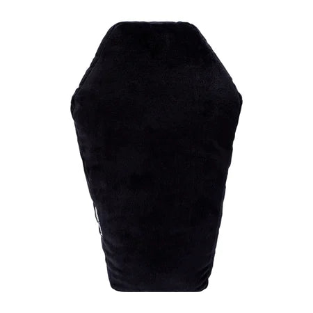 Back view of the Halloween coffin-shaped pillow showing its solid black reverse side sold by LFG Energy Club.