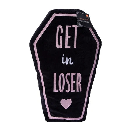 Angled front view of the Get In Loser coffin-shaped Halloween pillow with its product tag attached near the top sold by LFG Energy Club.