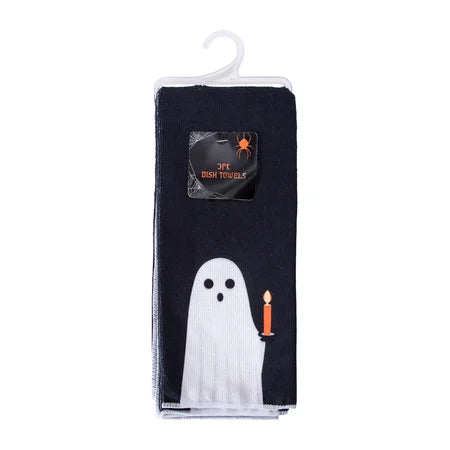 Packaged view of the black Halloween ghost dish towels with a hanging tab and ghost-and-candle design visible sold by LFG Energy Club.