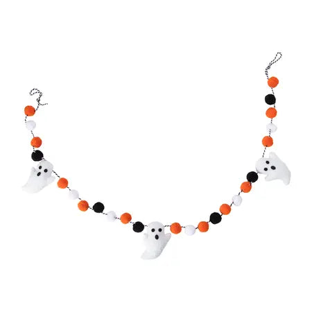 Full view of the 5 ft Halloween felt garland displaying white ghosts and orange, black and white accents sold by LFG Energy Club.